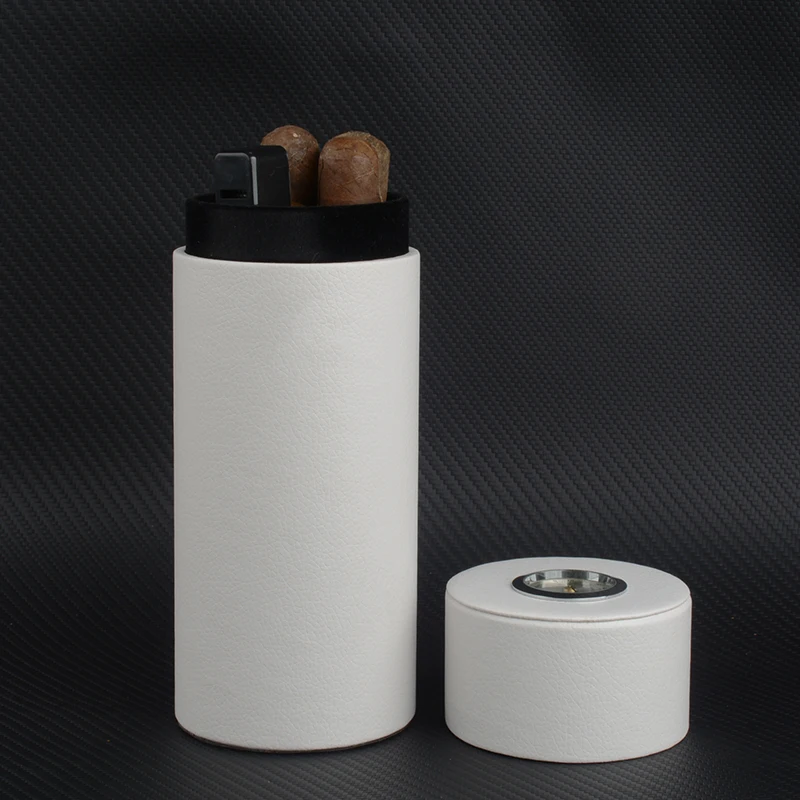 Leather Cigar Case White Tube for 5 Cigars Super Round Holder Travel Humidor w Humidifier and Hygrometer Wood Lined Mini Box