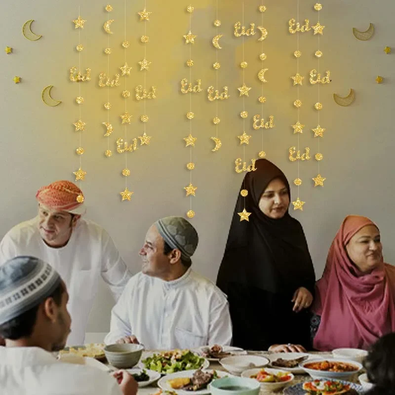 Guirnalda de papel de Luna y estrella dorada, adornos colgantes Eid Mubarak, fiesta musulmana islámica, decoración del hogar, suministros de Ramadán Kareem 2024