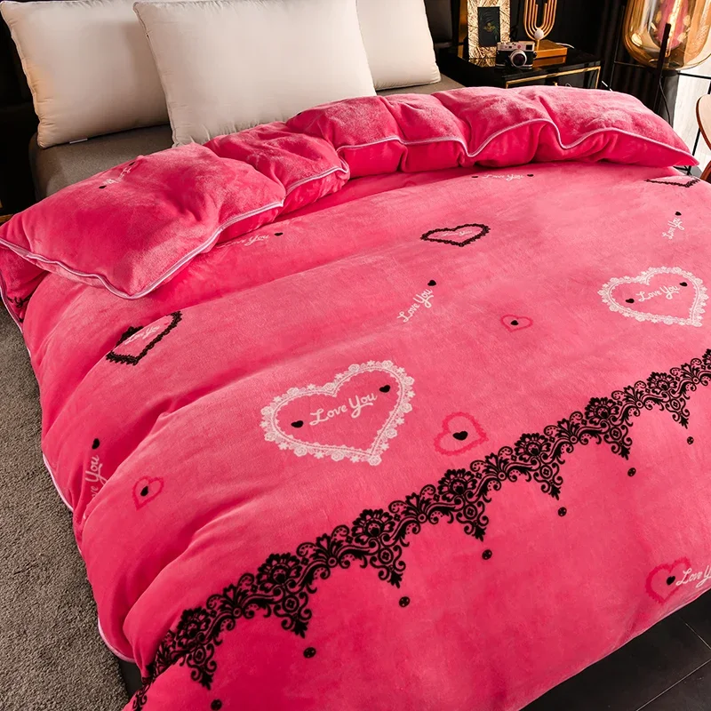 Love Pink Thickened Duvet Cover Soft Comfortable Flannel Milk Velvet Luxury Print Duvet Covers for Bedroom Guest Room Decoration