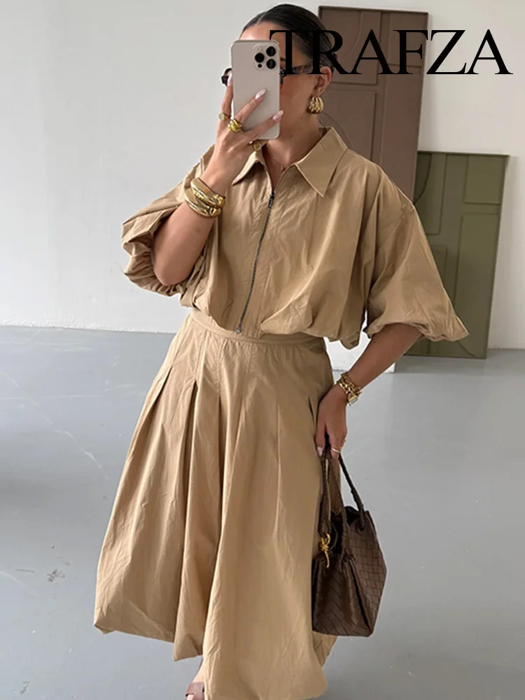

TRAFZA Women Solid Skirt Suit Fashion Three-quarter Sleeves Lapel Zipper Coat Top+Autumn Chic Pleated Lantern Flower Bud Skirt