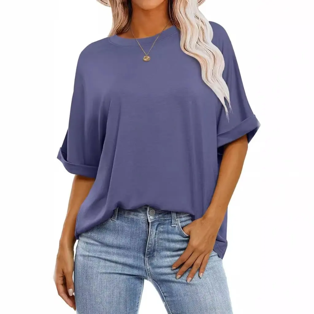 

Women's Solid Color round Neck T-Shirt Loose Short Sleeve Top Spring Summer New Arrival European American Style
