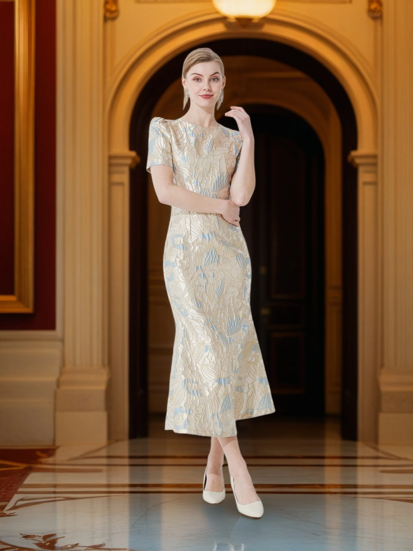 

Luxury Champagne Gold and Blue Jacquard Dress for Women Featuring a Waist-Cinching Mermaid Maxi Silhouette