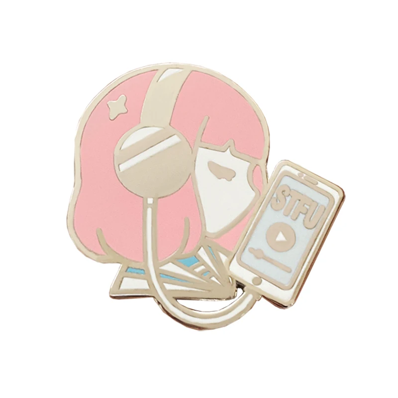 Manufacturer Cartoon Cute Girl With PINK Hair Lapel Pin High Quality Designed To Listen To Music In Fashion Silver Metal Badge