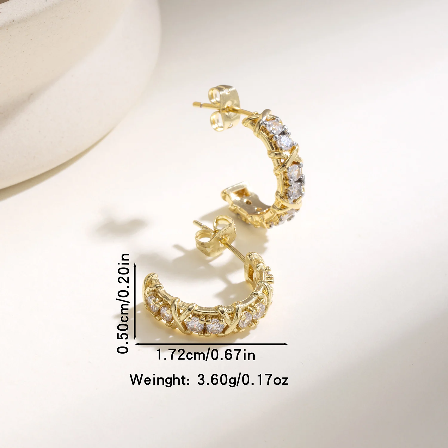 Nidin X Cross Wrap Cubic Zirconia C Shape Hoop Earrings Inlaid Crystal Half Circle Ear Studs For Women Trendy Daily Jewelry Gift