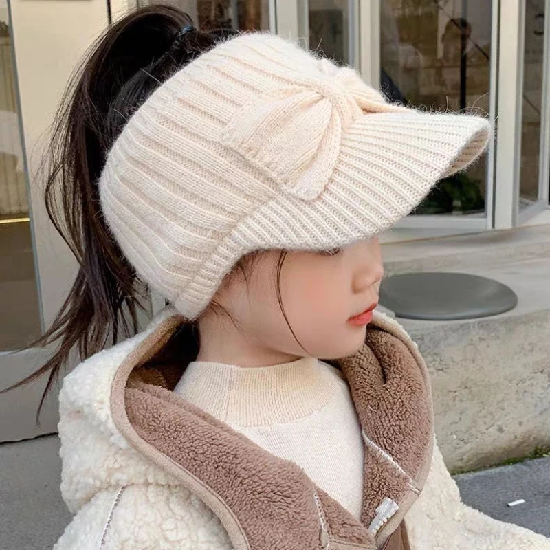 Kids Girls Woolen Hats Baby Girls Cute Autumn Winter Clothing Knitted Cat Printed Caps Princess Cute Cover Ear Bow Caps