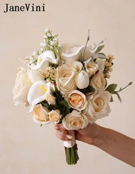 JaneVini Champagne Roses Artificial Flower Bouquet for Wedding Real Touch White Calla Lillies Bridal Bouquet Buchete Mireasa