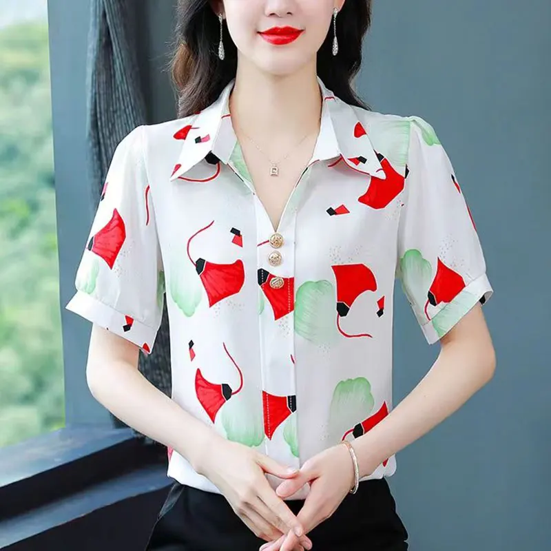 Women Summer New Style Fashion Printing V-neck Short Sleeve Chiffon Shirt Women Clothes Casual Simplicity Temperament Thin Tops