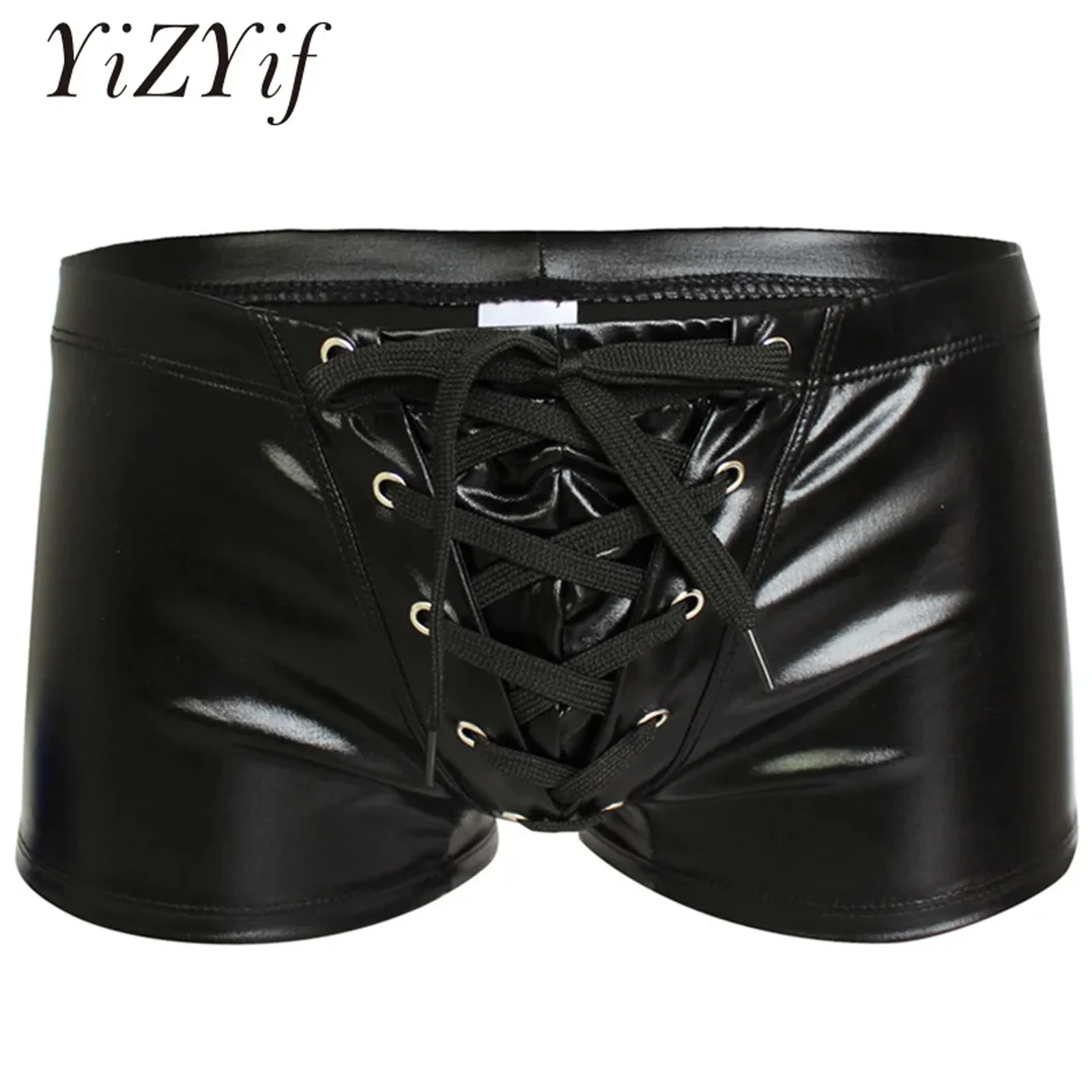 YiZYiF Sexy Men Boxer Short Fetish Underwear Panties Shiny Patent Leather Exotic Drawstring Metallic Boxer Shorts Swimwear Beach