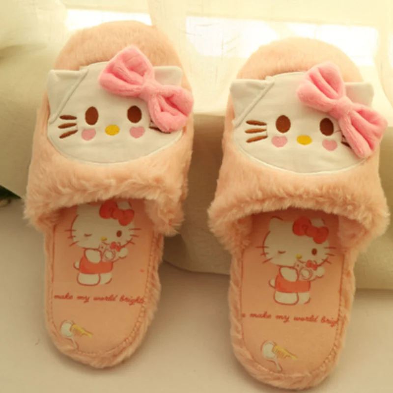 Sanrio Hello Kitty cute sweet warm home women's shoes Kulomi cartoon versatile non-slip flat-bottomed plush cotton slippers