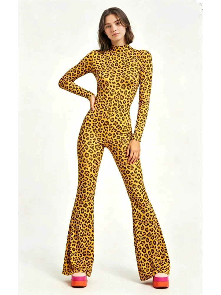 Damen Leoparden-Jumpsuit mit Schlaghose, Skelett-Design, Hochkragen, Flare-Leg-Bodysuit, Rentier-Party, Halloween-Festival, Aerial Yoga Zentai – Detail 3