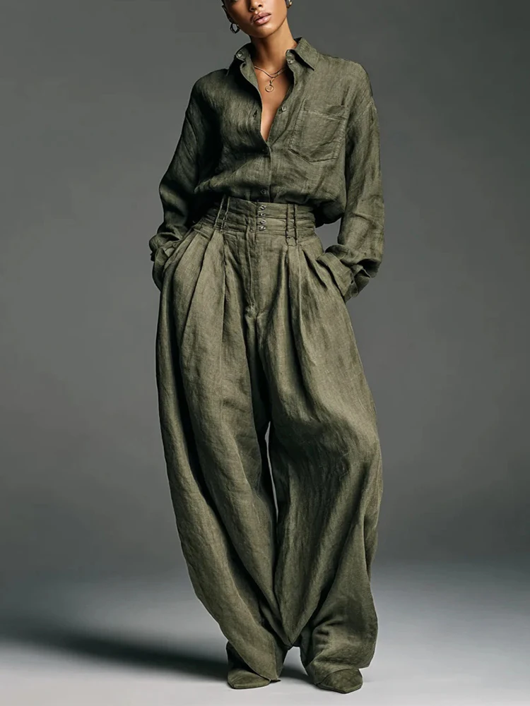 

Autumn Women's Long Sleeve Casual Style Polyester Material 2025 New Fashion Collar Single breasted Solid Color Pants Set