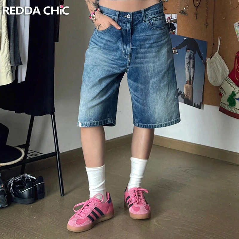 

REDDACHiC Blank Patched Baggy Jeans Jorts Women High Waist Distressed Whiskers Wide Leg Denim Short Pants Vintage Y2k Streetwear