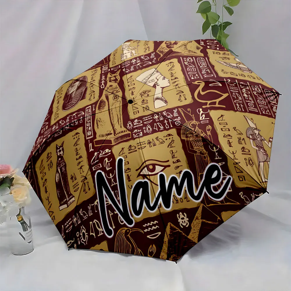 Custom Name Ancient Egyptian-Inspired Umbrella Design 8 Iron Ribs Folding Umbrella Auto-Open Fashionable Sunshade Deluxe Gift