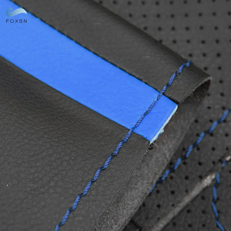 

Car Steering Wheel Cover Hand Braid Leather Trim For Nissan QASHQAI X-Trail NV200 Rogue 2008 2009 2010 Black with blue strip