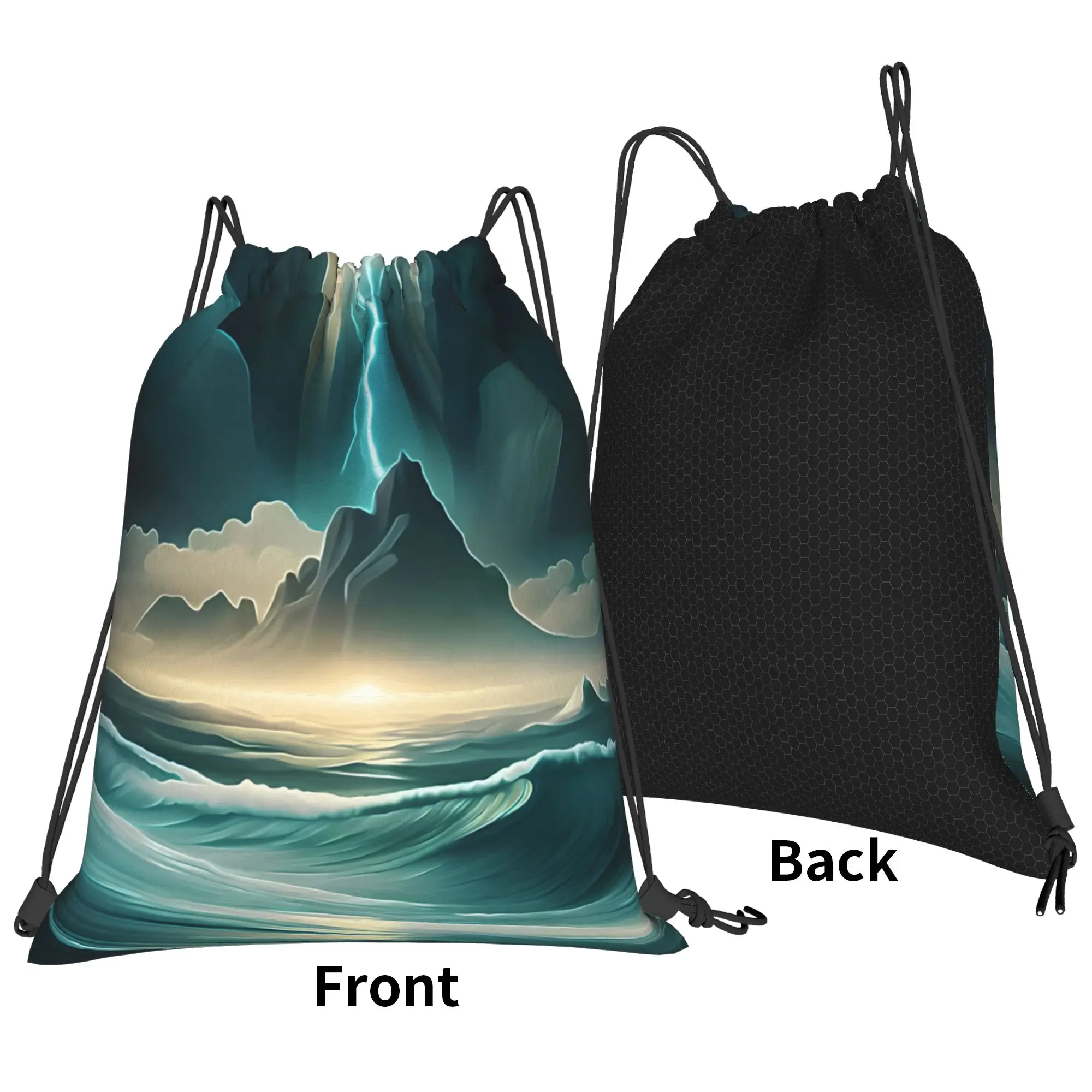 Trippy Landscape Abstract Ocean View Lightning Portable Hiking Riding gym Drawstring Bags Cool gift Storage Backpacks