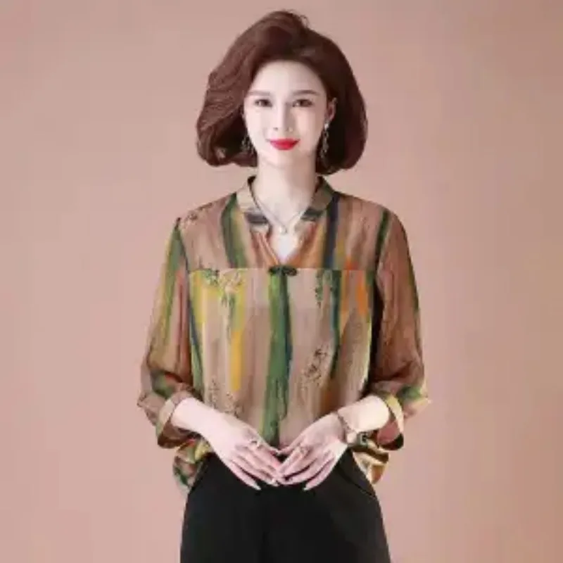 

Women's Green & Brown Striped Print Blouse V-Neck Half Sleeve Sheer Frog Button Casual Top
