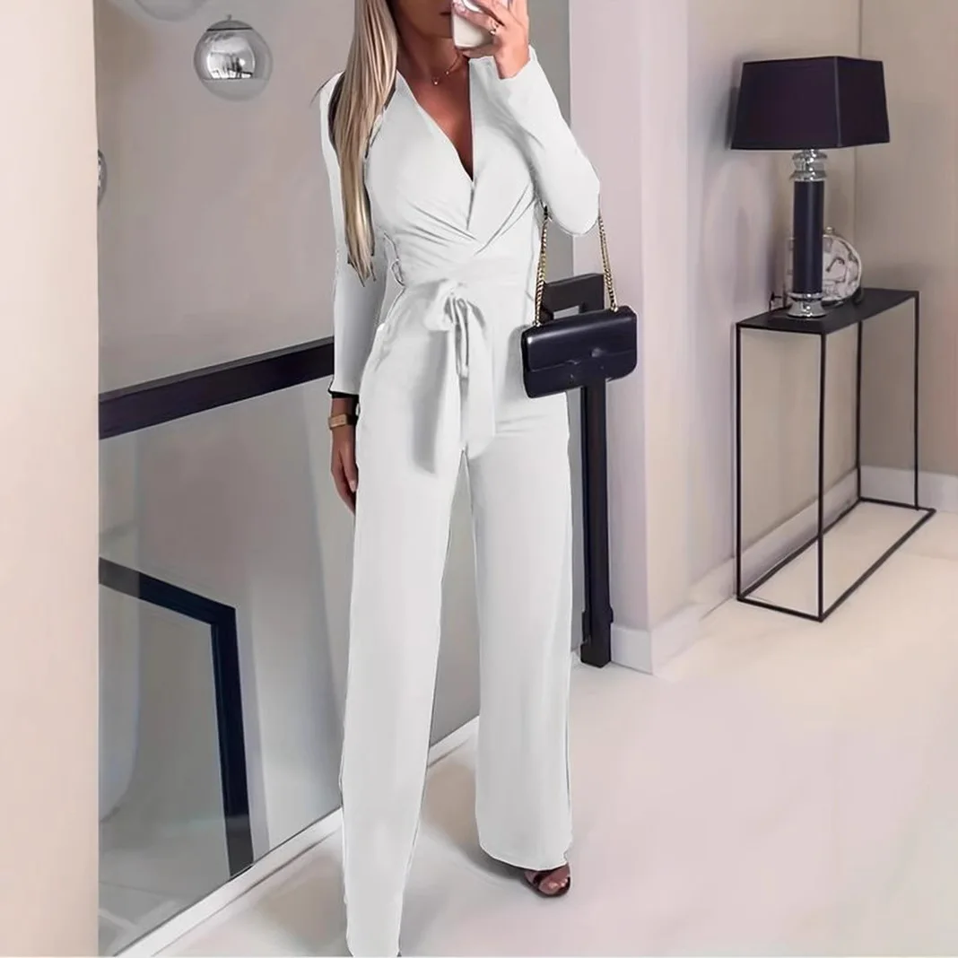 

Ele Pure Color V-Ne-Piece Брюки для женщин Осенние длинные брюки с тонкой средней талией Удобная шерстяная ткань