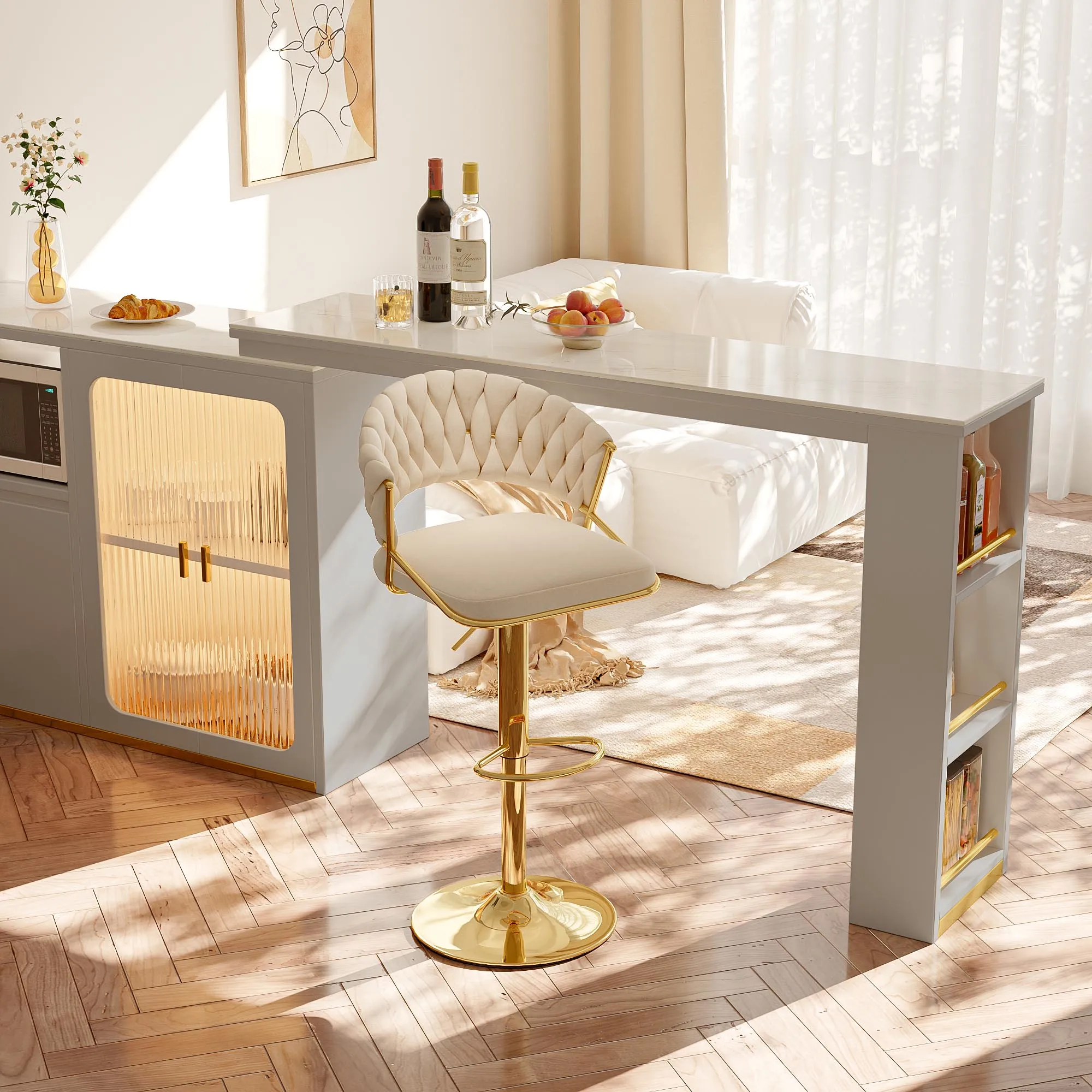 Paquete de 2 taburetes de bar y sillas de comedor con respaldo cómodo de terciopelo tejido a mano, taburete de mostrador de metal con base dorada de