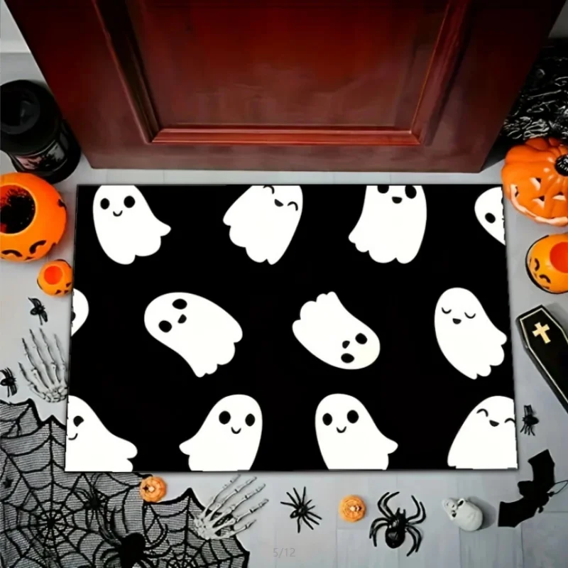 Halloween Ghost Flannel Bath Mat Water Absorbent Non Slip Door Mat Soft Cashmere Rug For Bathroom Entrance Home Festival Decor