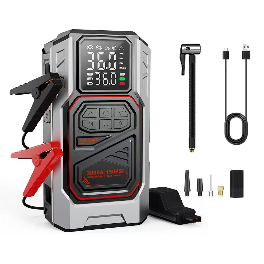Avviatore di emergenza per auto 4 in 1 da 150 PSI, compressore d'aria portatile, pompa intelligente con display digitale, avviatore di emergenza a batteria, gonfiatore di emergenza per pneumatici