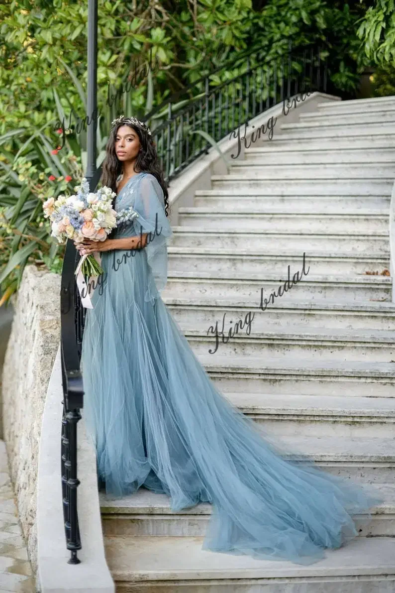Full Gown Airy Sleeves Bridal Simple Wedding Party Dresses Ethereal Wedding Dresses Pale Dark Blue Wedding Gown