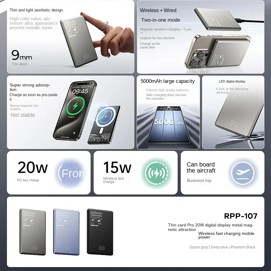 Xiaomi Vocard Pro Series 20W Metal Magnetic Mobile Phone Wireless Charging Power Bank with Digital Display RPP-107 10000mAh