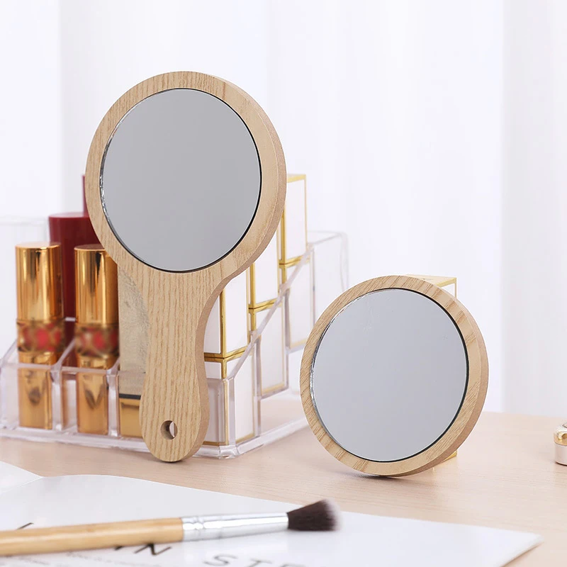 Embroidery Beauty Salon Special Makeup Handle Mirror Handmade Large Retro Wooden Convenient Handheld Vanity Mirror