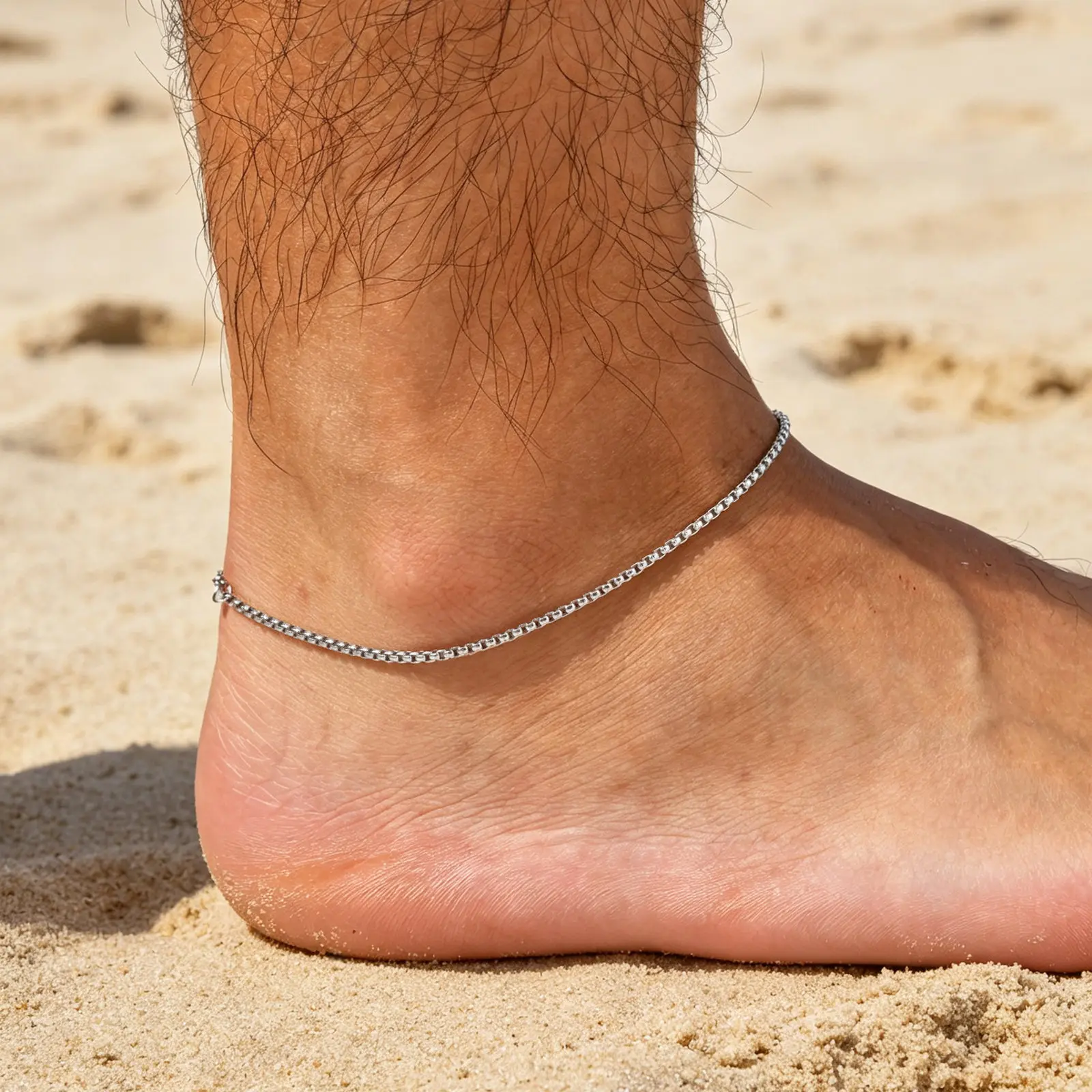 Hip-Hop Herren-Fußkettchen, Wasserfestes Silberfarbenes Edelstahl-Fußkettchen, Sommer-Strandschmuck für Ihn – Detail 5