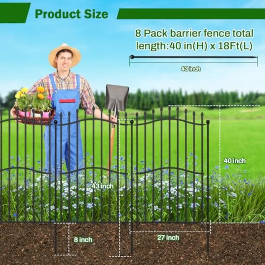 8 Panels Tall No Dig Garden Fence - 40in H x 18ft L Reinforced Square Tube Rustproof Animal Barrier Decorative Metal Fencing fo