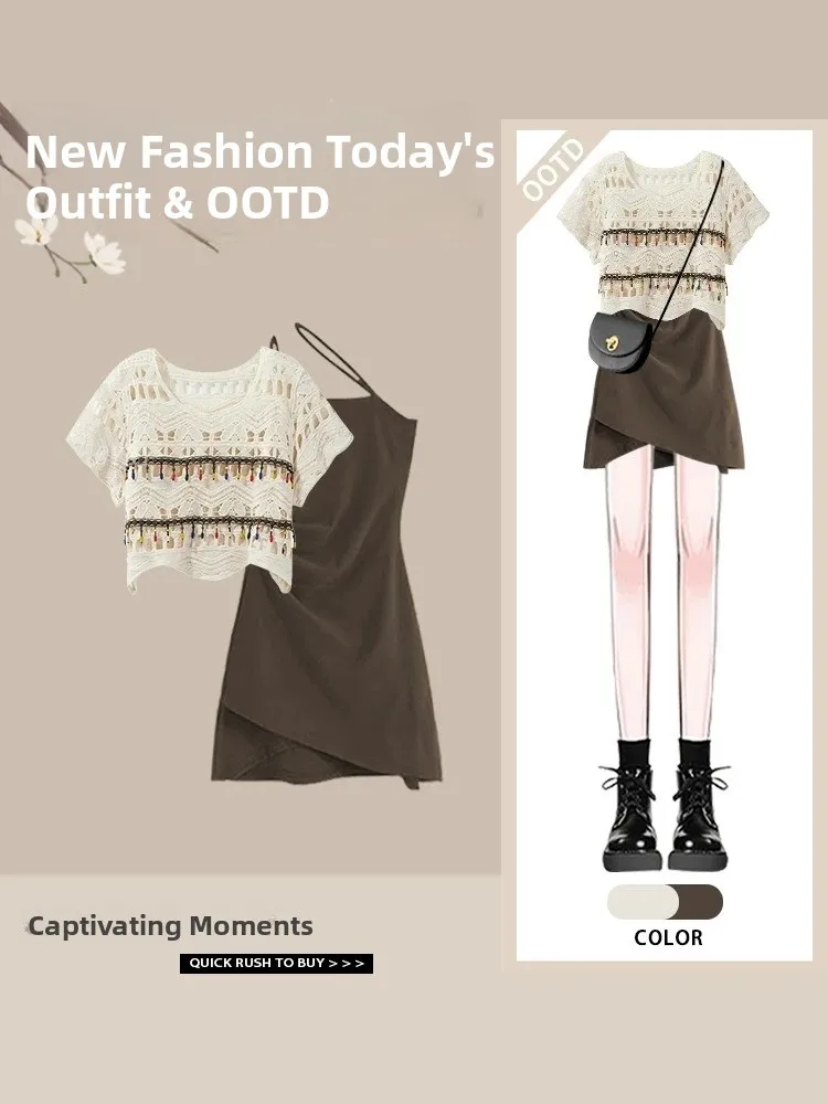 

Summer New Design Short Sleeve Women's Ethnic Style Outfit Set Strapless Dress Two-Piece Set round Neckline Polyester Fiber