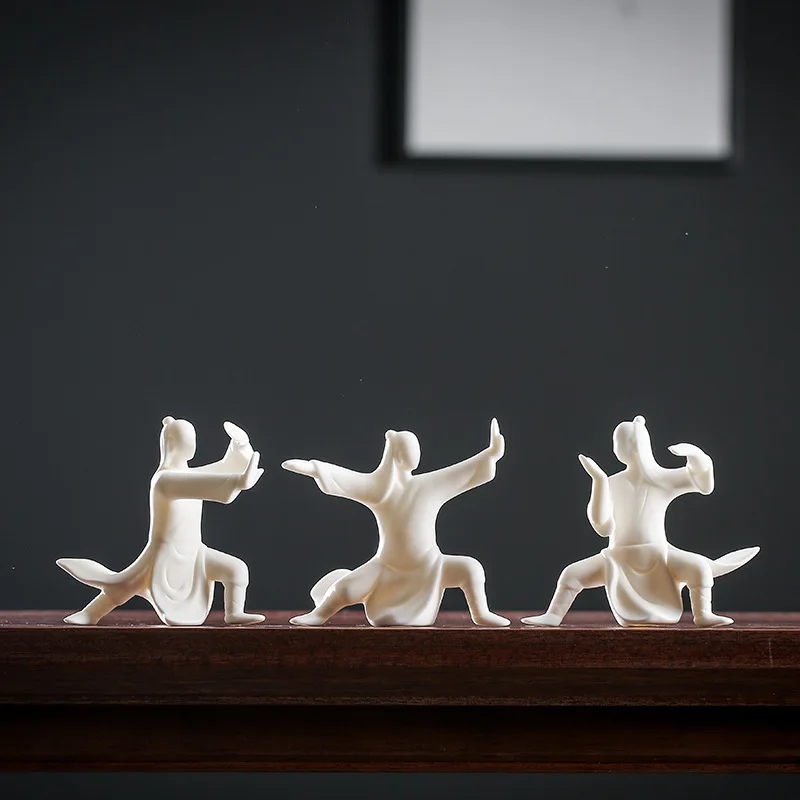 Pure White Ceramic Tai Chi Figurines Decoration Tea Pet Porcelain Chinese Zen Feng Shui Ornaments Bonsai Flowerpot Crafts Gift