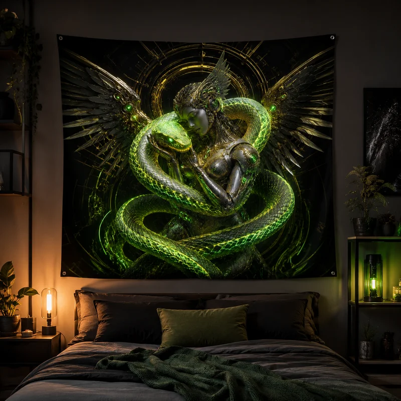 VIKAMA Mechanical Winged Girl Tapestry, Fluorescent Green Giant Snake Wall Hanging, Mysterious Bedroom Decor