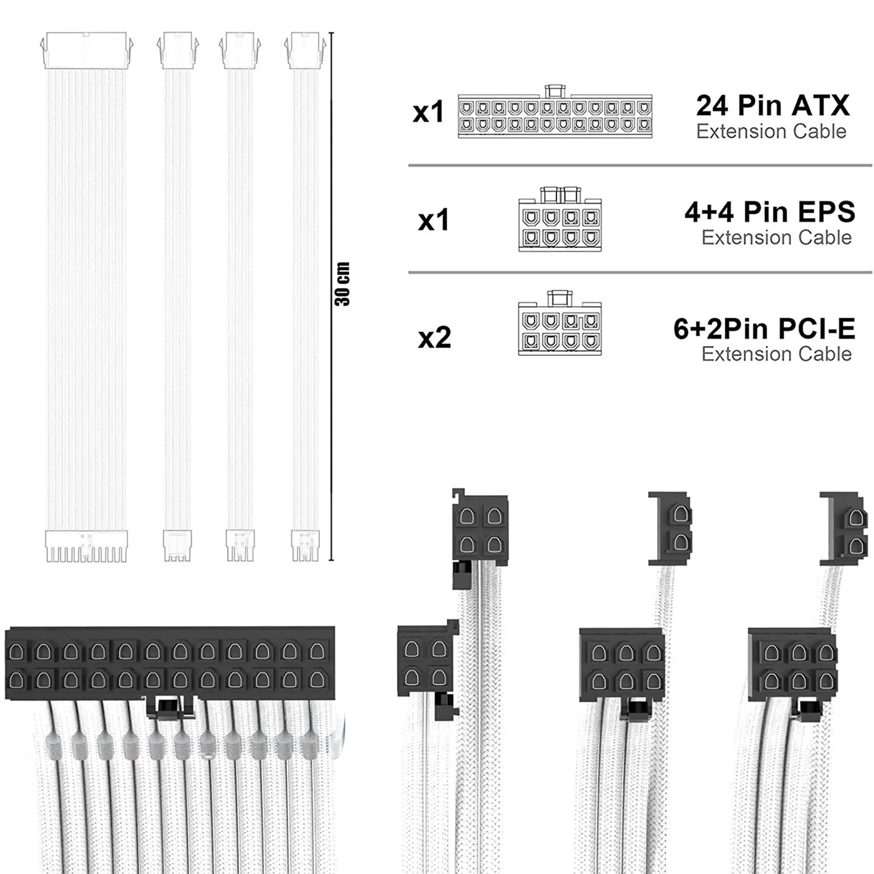 

GW-PSU Cable Extensions Kit 30CM With Cable Combs Extension Power Supply Cable 24Pin 8Pin(4+4) 8Pin(6P+2P) For ATX Power