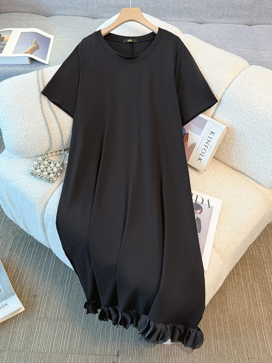 

Летнее свободное черное платье больших размеров (5XL-9XL) для женщин весом до 150 кг, с асимметричным подолом и оборками, в стиле пэчворк, обхват груди 153 см