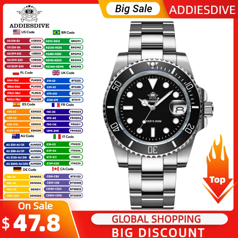 ADDIESDIVE 41mm Men's Quartz Watch Super Luminous 200M Waterproof Diving Wristwatch Ceramic Bezel 316 Stainless Steel Watches