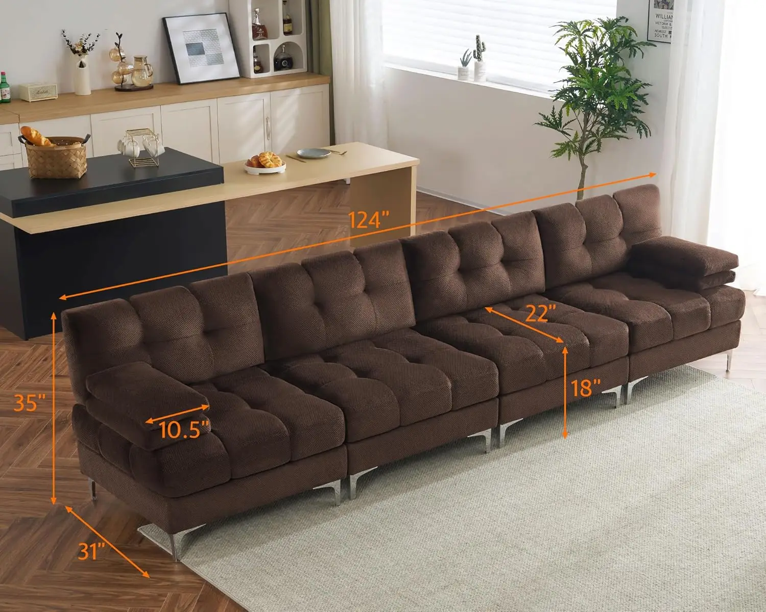 124 Inch Sectional Sofa, 4 Seater Modular Sectional Couch with Metal Legs, Modern Sofa Couch for Living Room, Dark Brown