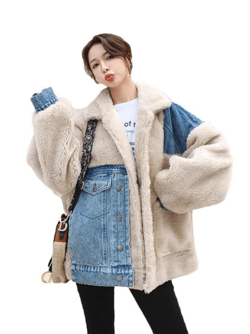 Patchwork Denim Lamb Wool Jacket For Women\'s Winter Plush Thickening Woman Coat Women Coat Winter Women\'s Cold Coat Coats Down