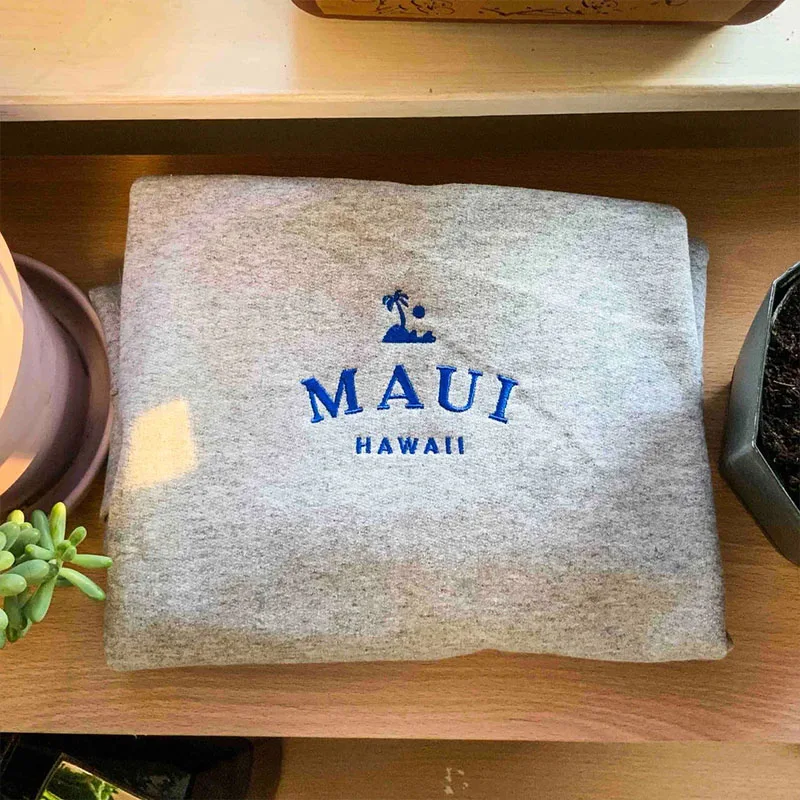 Maui Hawaii Embroidered Gray Sweatshirts Long Sleeve Loose Men Women Autumn Casual Clothes Vintage Style Unisex Cotton Pullovers