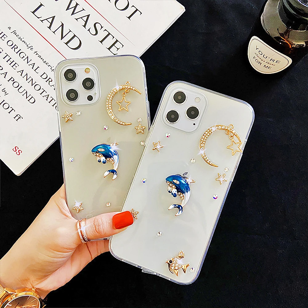 Glitter Diamond Star Moon Dolphin Clear Phone Case For Samsung Galaxy A91 A71 A51 A31 A21S Note 20 8 9 10 Pro Acrylic Back Cover