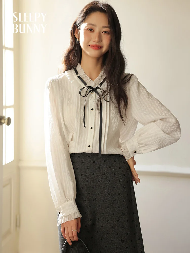 French Style Bow Tie Long Sleeve Blouse Women Elegant White Shirt Spring Slim Fit Chic Design Office Wear Vintage Style Tops