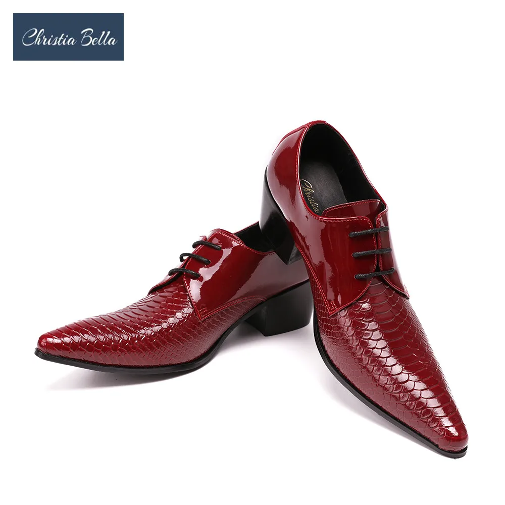 Fashion Red Lacquer Leather Mid Heel Men Formal Shoes Wedding Party Dress Shoes Big Size Lace Up Pointed Toe Male Business Shoes