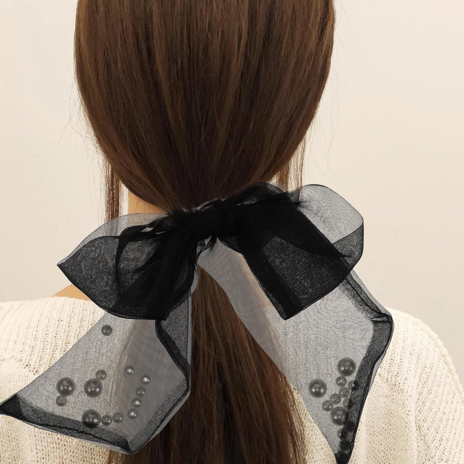 

Elastic Mesh Hair Bands Scrunchies Ties Black Pearl Bow Girls Women Bulk Hair Accessories Durable Secure Elegant