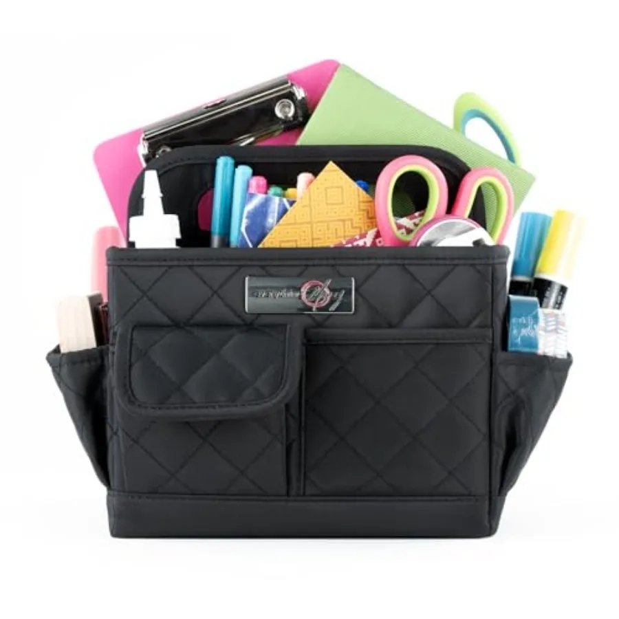 

Desktop Tote Organizer Black Quilted Craft Caddy Portable Storage Bag for Scrapbooking Sewing Art Supplies and DIY Creative Too