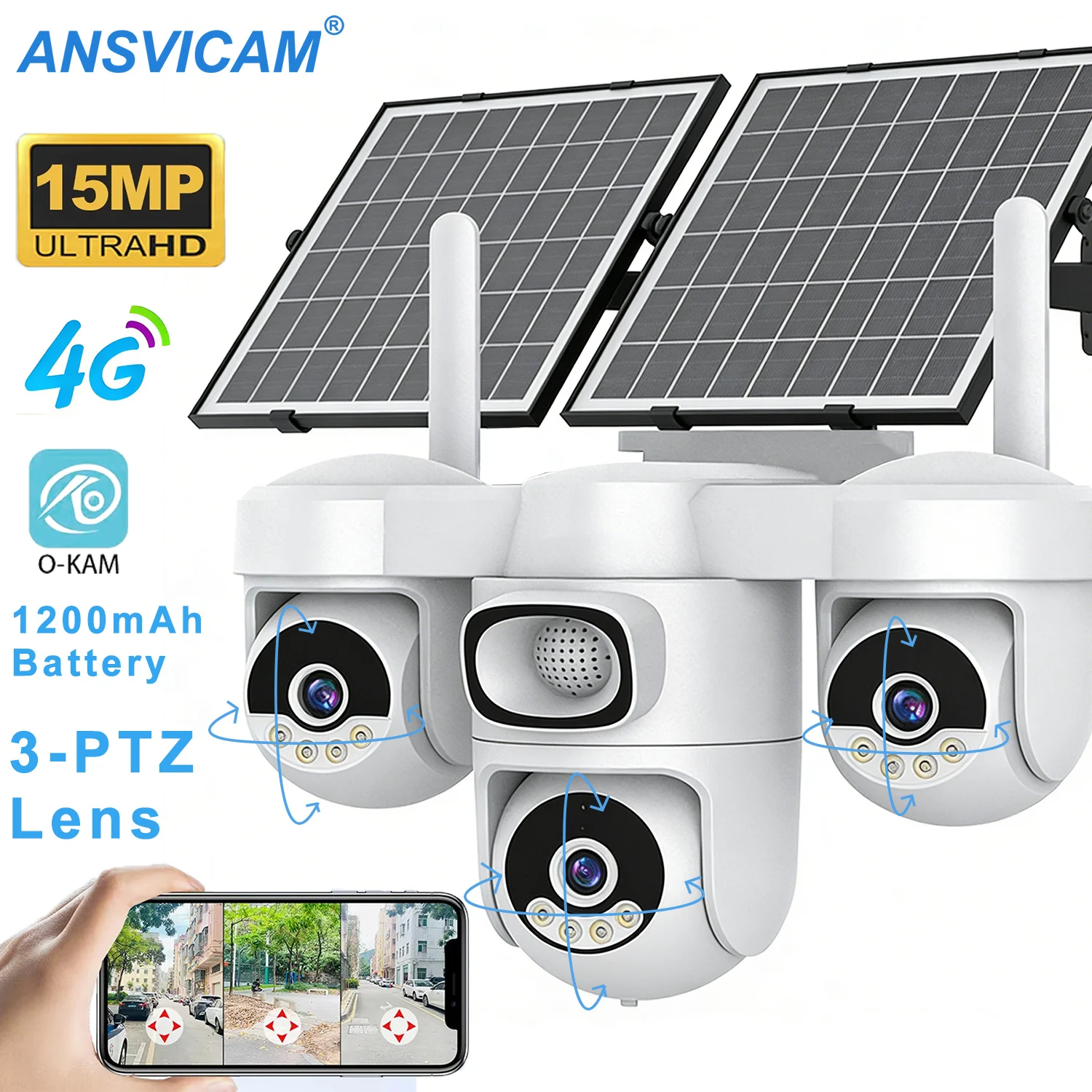 

O-Kam 4G Солнечная камера видеонаблюдения с режимом AOV, 15 МП, беспроводная уличная PTZ-камера с автослежением, питание от аккумулятора 12000 мАч, SIM-камера видеонаблюдения