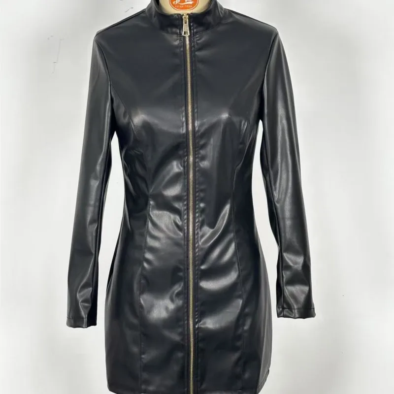 Vestido Sexy de cuero PU brillante con cremallera, vestido ajustado elegante acampanado de manga larga con nalgas, Vestidos envueltos Para Mujer