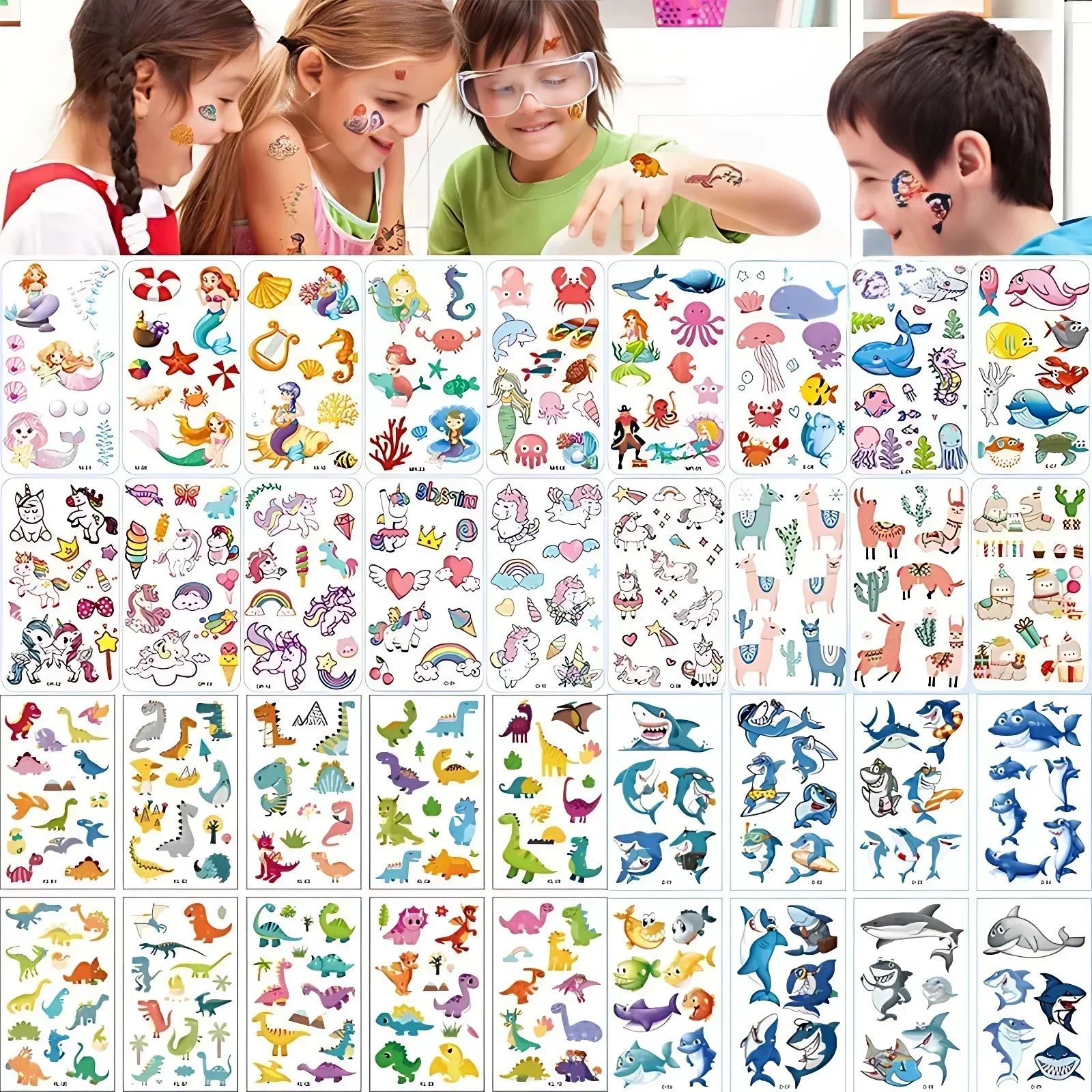 10pcs Cartoon Children Tattoo Cute Mermaids Animals Shark Octopus Deer Temporary Tattoos Sticker for Little Girls Boys Face Arm