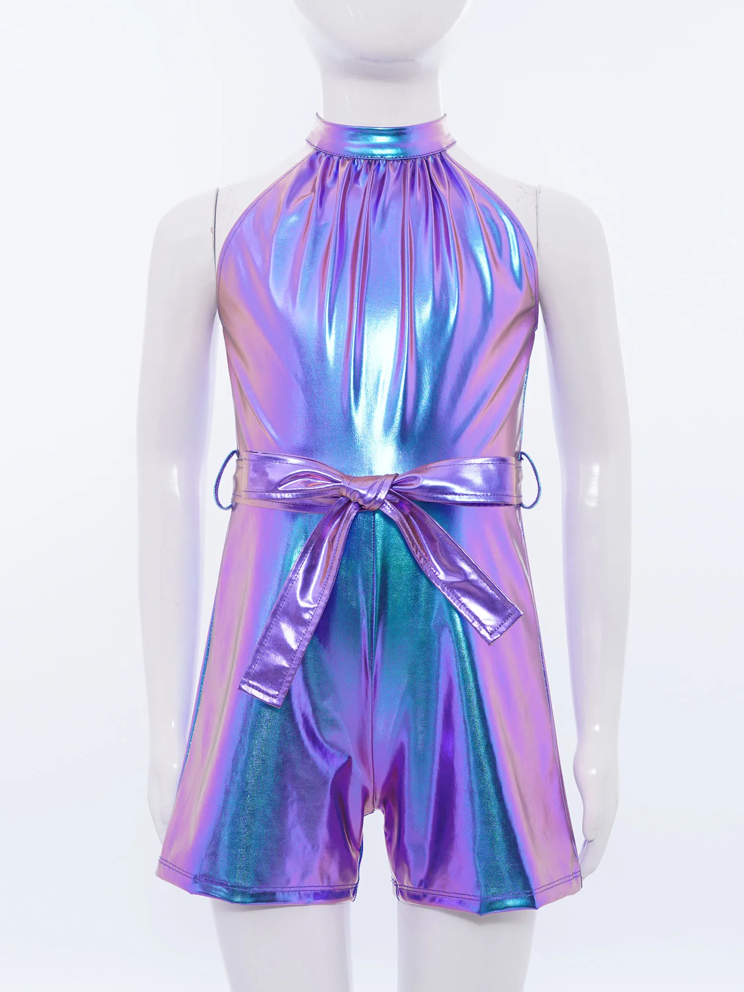 Kids Girlskids Jazz Dance Unitards Halter Sleeveless Metallic Jumpsuits Shiny Rompers with Belt for Birthday Party Disco Outfits