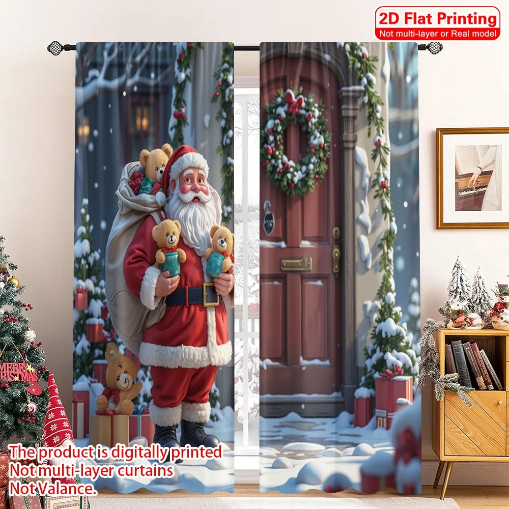 2pcs 2D flat printing Merry Christmas Curtains Santa Claus Christmas Gift Toys Polyester Without Electricity Spring Perfect for
