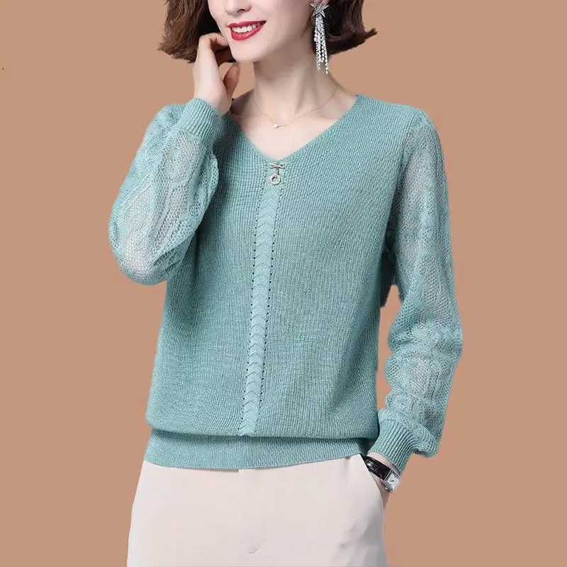 Women\'s Clothing Lace Knitted Sweaters Casual V-Neck Stylish Hollow Out Spring Autumn New Loose Long Sleeve Solid Color Jumpers