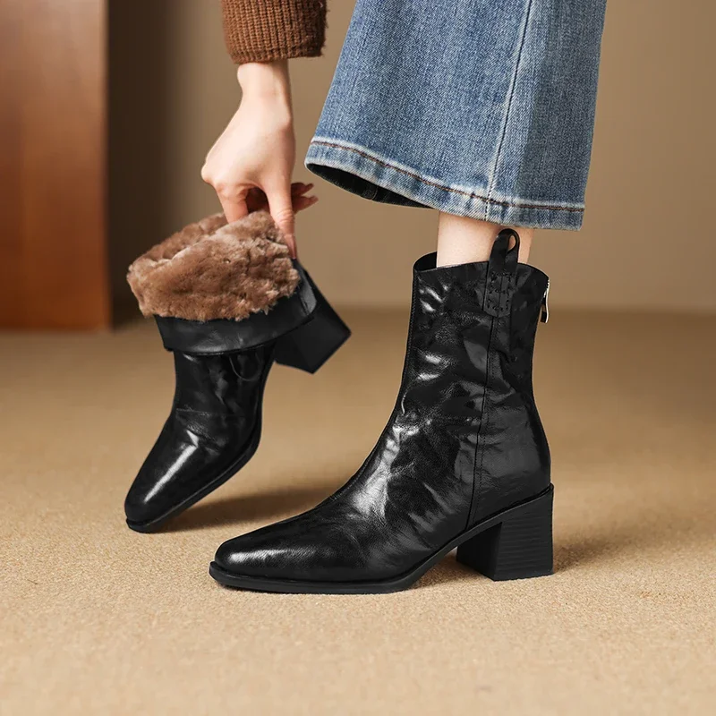 2026 new autumn winter women ankle boots natural leather plus size 22-25cm sheepskin+wool thick heel back zip western boots